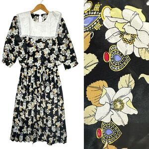 Vintage Breli Dress Womens Sz 12 Floral Pleated Collar Secretary Midi USA Church
